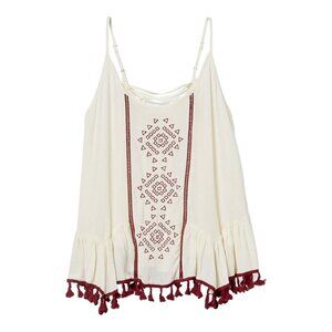 Taylor & Sage M Womens Embroidered Lace up Off White Red Adjustable Tank Top